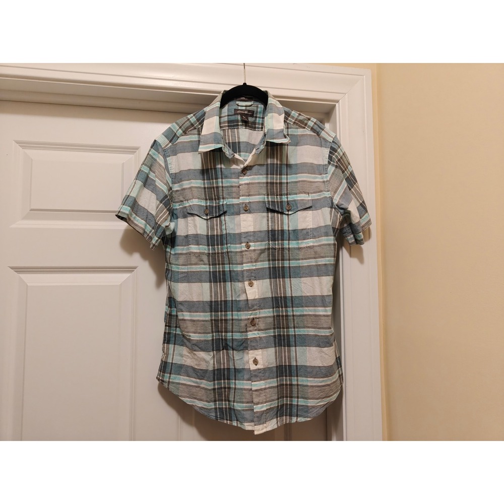 Eddie Bauer Mens Short Sleeve Plaid Button Up Shirt Classic Fit Blue Teal M